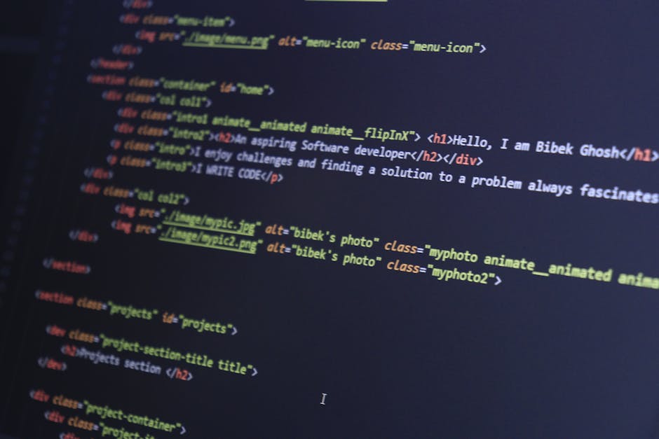 A computer screen displaying lines of code in various colours, including HTML tags and image file references, set against a dark background. The code includes elements such as headings, image sources,